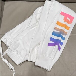 PINK Victoria's Secret White Joggers with Gradient Logo